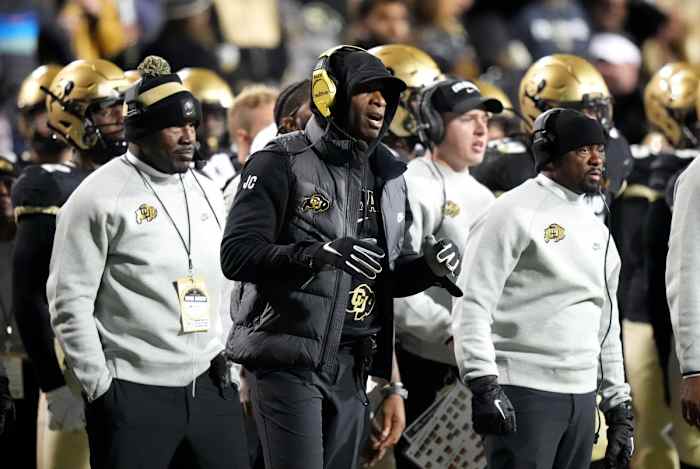 Colorado Buffaloes head coach Deion Sanders calls out in the first quarter against the Stanford Cardinal at Folsom Field